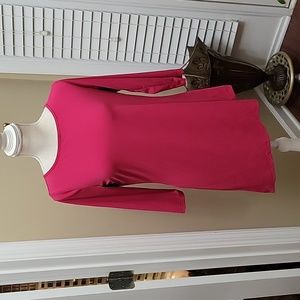 Susan Graver fuchsia asymmetric hem top 3/4 sleeve stretch round neck sz XS EUC…